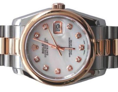 Rolex Datejust Watch Replica: 2-Tone Rose Gold MOP Face Round Bezel Mens Watch